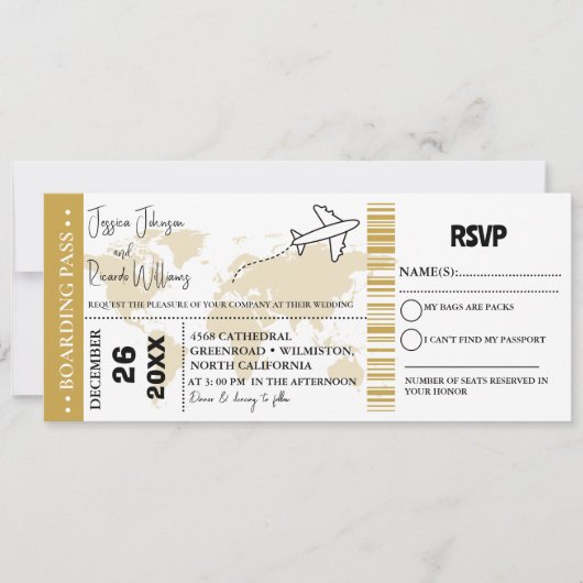 Goud Bruiloft uitnodiging Boarding pass ticket (Voorkant)