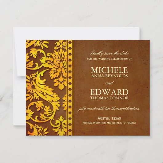  goud & bruine Damask kant sparen de Datum Save The Date (Voorkant)