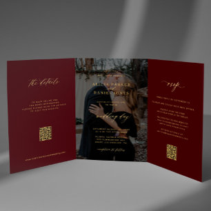 Goud burgundy foto bruiloft RSVP details QR code Drieluik Uitnodiging