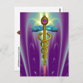 GOUD CADUCEUS MEDISCH SYMBOOL PAARSE FRACTALE GOLV BRIEFKAART (Voorkant / Achterkant)