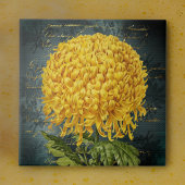 Goud Chrystanthemum op Blauwgroen Damast en Handsc Tegeltje