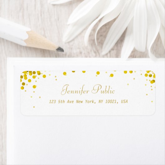 Goud Confetti Elegant Script Luxe Modern Etiket (Insitu)