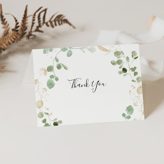 Goud Confetti Eucalyptus Foliage Folded Wedding Bedankkaart