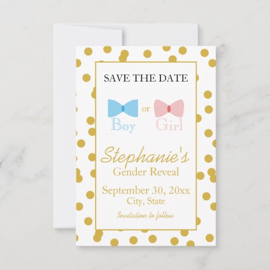 Goud Confetti Geslacht Bang en Stropdas Save The Date (Voorkant)