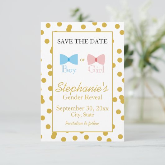 Goud Confetti Geslacht Bang en Stropdas Save The Date (Staand voorkant)