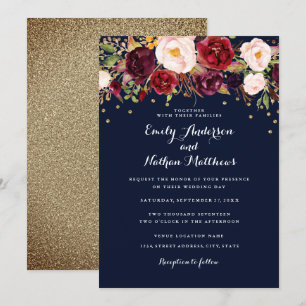 Goud Confetti Marine Bourgondië Floral Wedding Kaart