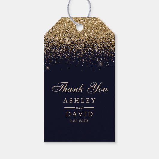 Goud Confetti Navy Blue bruiloft gunst Cadeaulabel (Voorkant)