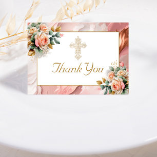 Goud  Cross Peach Roze Bloemen Meisje Doop Bedankkaart