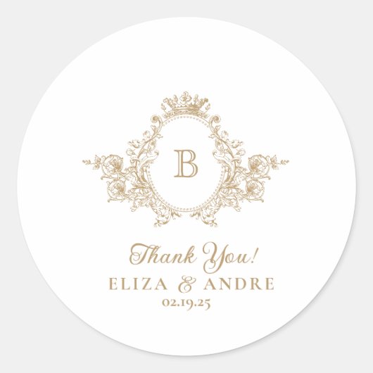 Goud Custom Monogram Crest Bruiloft Sticker (Voorkant)