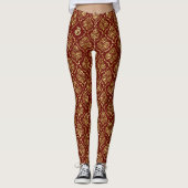 Goud damastpatroon op donkerrood leggings (Voorkant)