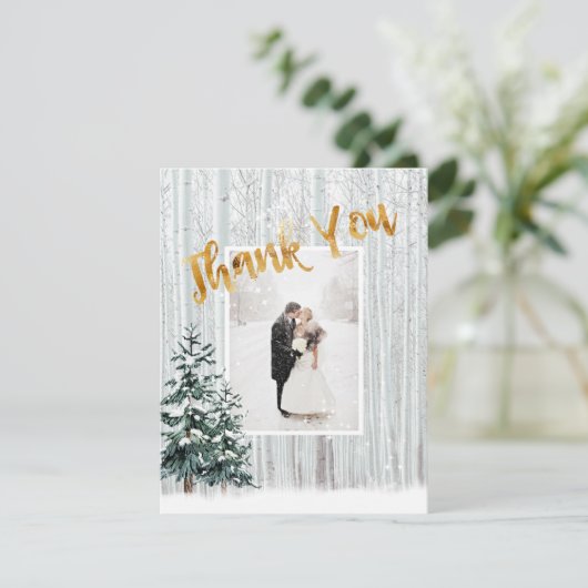 Goud Dank u, Winter bruiloft sneeuw pijnbomen Kaart (Staand voorkant)