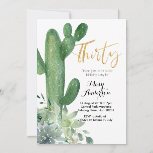 Goud Dertig 30e Verjaardag Uitnodiging Cactus fies (Voorkant)