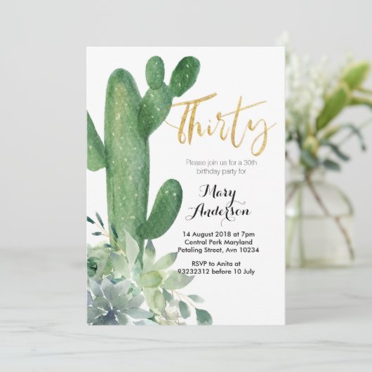 Goud Dertig 30e Verjaardag Uitnodiging Cactus fies (Staand voorkant)