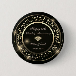 Goud Diamant Glanzend Zwart 50ste Trouwdag Jubile Ronde Button 5,7 Cm