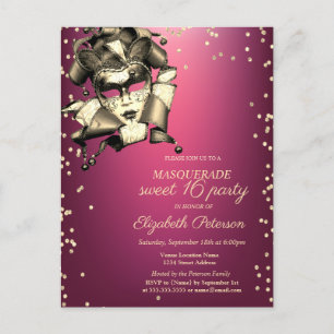 Goud Diamanten,Venice Masque,Paarse Sweet 16 Uitnodiging Briefkaart