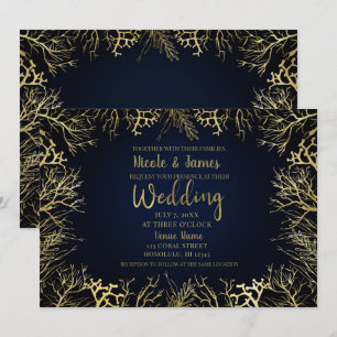 Goud & Donker Marineblauw Elegant Koraal Bruiloft Kaart