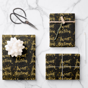 Goud donker sparkles Sweet 16 elegant script patro Inpakpapier Vel