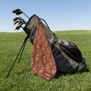 Goud & donkerrood vintage damask patroon monogram golfhanddoek