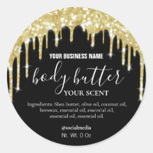 Goud Dripping Glitter op zwarte body Butter labels