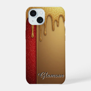 Goud Druppelende Glitter Rode Glam Kerstcadeau iPhone 15 Hoesje
