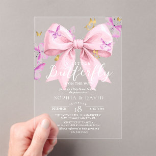 Goud Een Kleine Vlinder Roze Boog Baby Shower Acryl Uitnodigingen