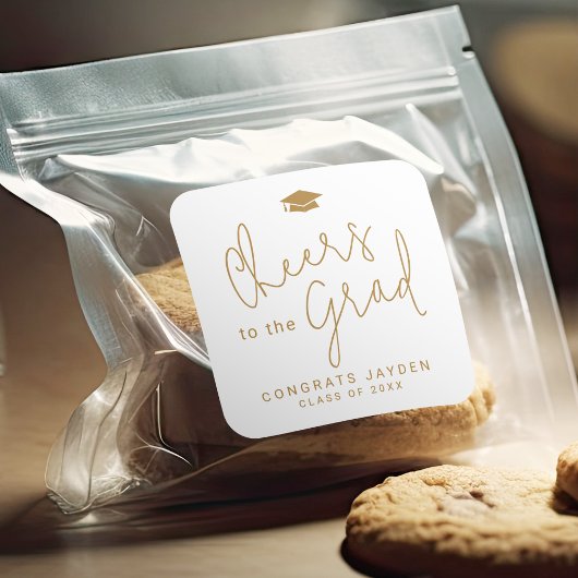 Goud Eenvoudig Modern Script Cheers Afstuderen Vierkante Sticker