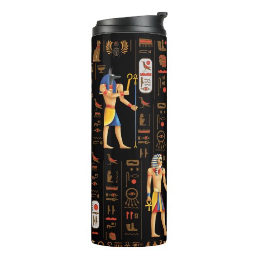 Goud-Egyptische hiërogliefen en godslastering op z Thermosbeker (Gedraaid links)