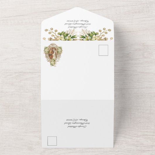 Goud Elegant Katholiek Bloemen Bruiloft All In One Uitnodiging (Buitenkant)