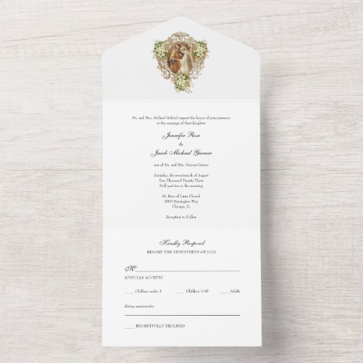 Goud Elegant Katholiek Bloemen Bruiloft All In One Uitnodiging (Binnen)