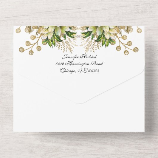 Goud Elegant Katholiek Bloemen Bruiloft All In One Uitnodiging (Achterkant)