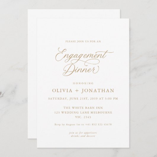 Goud Elegant Modern Kalligrafie Verloving Diner Kaart (Voorkant / Achterkant)