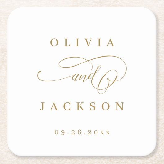 Goud, elegant romantisch script bruiloft vierkante kartonnen onderzetter (Voorkant)