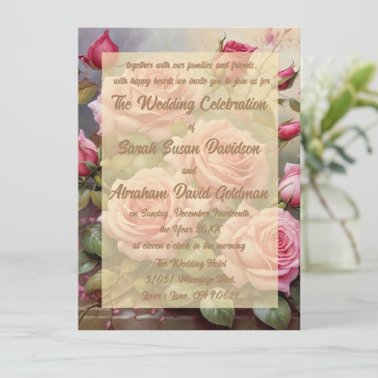 Goud Elegant Roze Rozen Bruiloft Uitnodigingen (Staand voorkant)