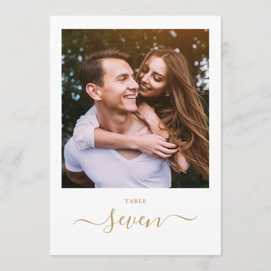 Goud Elegant Script Photo Table Number Kaart (Achterkant)