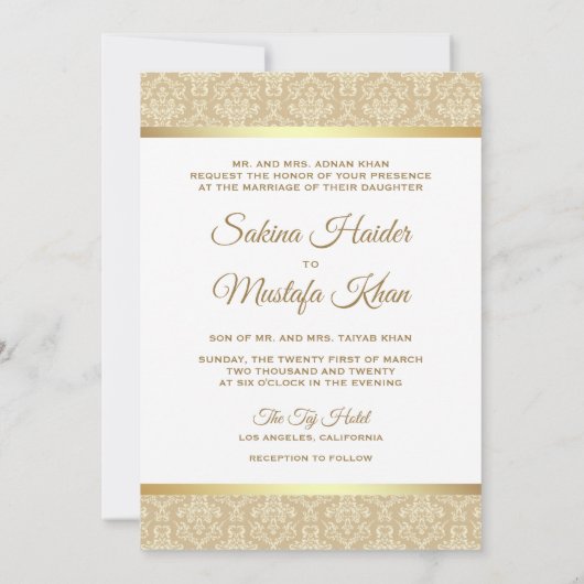 Goud en beige Damask Islamitische Weduwschap tusse Kaart (Achterkant)