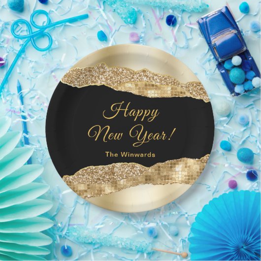 Goud en Black Glam Tranen Gelukkig Nieuwjaar Papieren Bordje (Feest)