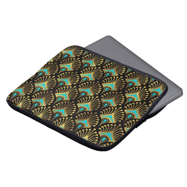 Goud en blauw Art Deco-patroon Laptop Sleeve (Voorkant top)