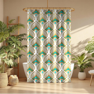 Goud en blauw Art Deco patroon op Wit Douchegordijn