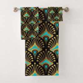 Goud en blauw Art Deco-patroon op zwart Bad Handdoek