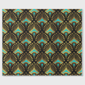 Goud en blauw Art Deco-patroon op zwart Cadeaupapier (Vlak)