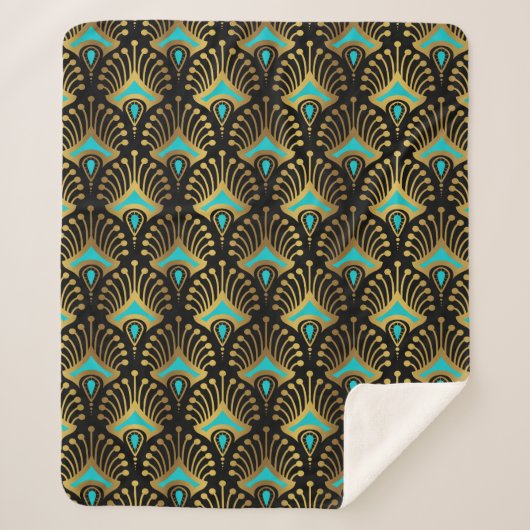 Goud en blauw Art Deco-patroon op zwart Sherpa Deken (Voorkant)