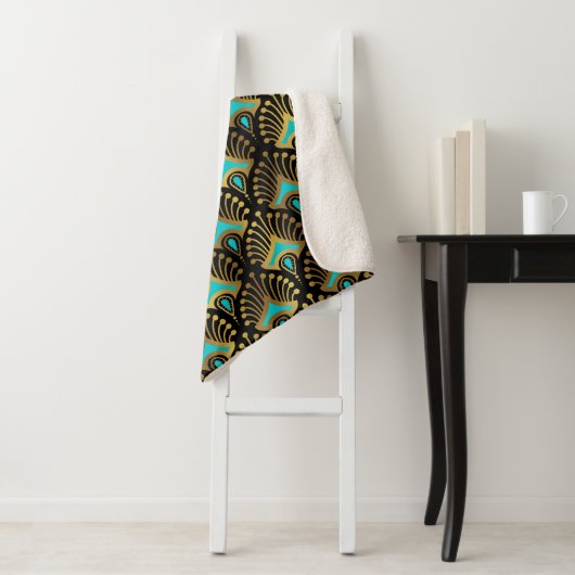 Goud en blauw Art Deco-patroon op zwart Sherpa Deken (In situ)
