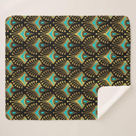 Goud en blauw Art Deco-patroon op zwart Sherpa Deken (Voorkant (horizontaal))