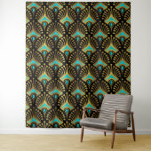 Goud en blauw Art Deco-patroon op zwart Wandkleed (In situ)