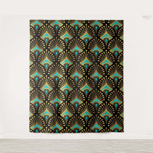 Goud en blauw Art Deco-patroon op zwart Wandkleed (Voorkant)