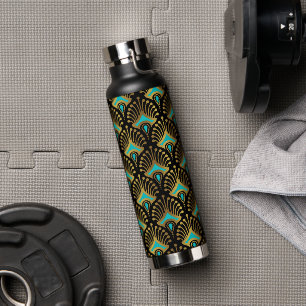 Goud en blauw Art Deco-patroon op zwart Waterfles