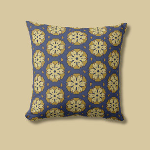 Goud en Blauw Bloemen en Teardrop Patroon Kussen