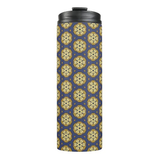 Goud en Blauw Bloemen en Teardrop Patroon Thermosbeker (Voorkant)