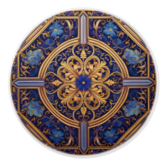 Goud en Blauw Bloemen Keramische Knop
