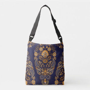 Goud en blauw, bloemig naadloos patroon. crossbody tas